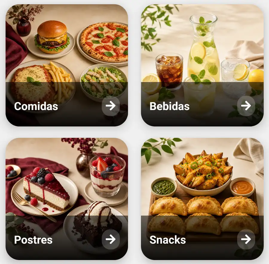 Categorías de comidas, bebidas, postres y snacks con foto