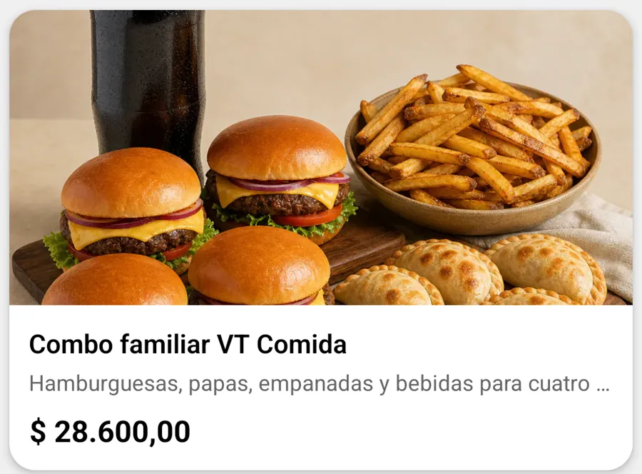 Combo con hamburguesas, papas fritas y empanadas en VT Comida IA