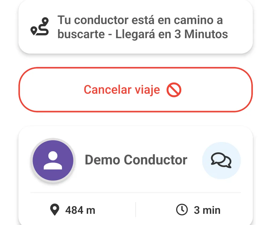 Aviso de que el conductor está en camino, con distancia y minutos de llegada